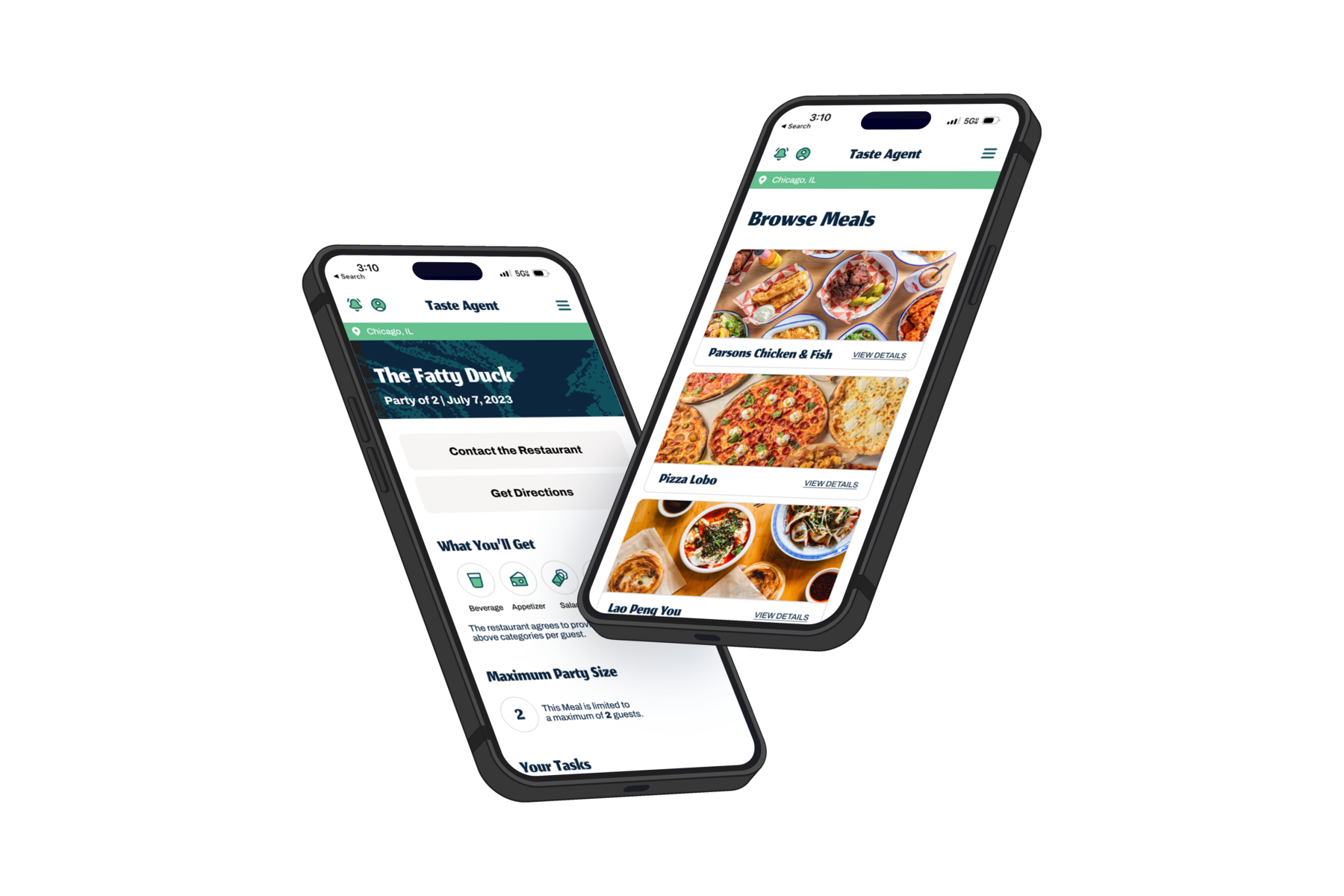 Portrayal of the Taste Agent application on a pair of phones. One phone has a page labeled 'Browse Meals' and shows several compelling photos and meals to choose from. The other phone has a page labeled 'The Fatty Duck' and shows information about a meal booking, including the items that will be received, party size, and the booking date.