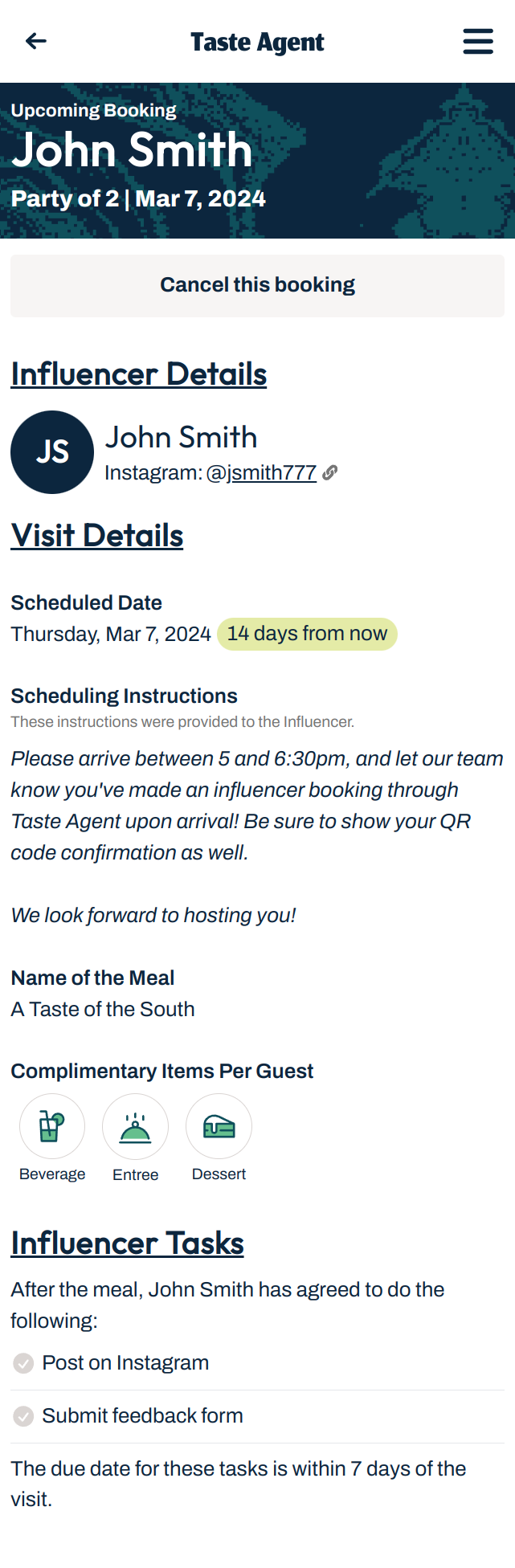 A screenshot from the Taste Agent application showing an upcoming booking.