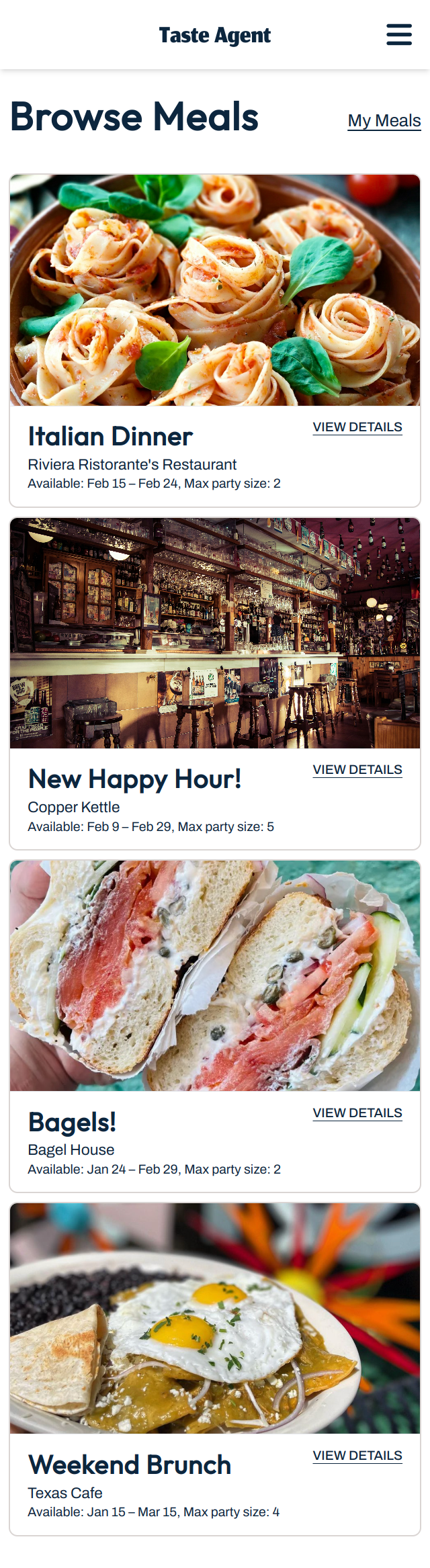 A screenshot from the Taste Agent application showing meals available for booking that users can view more details about.