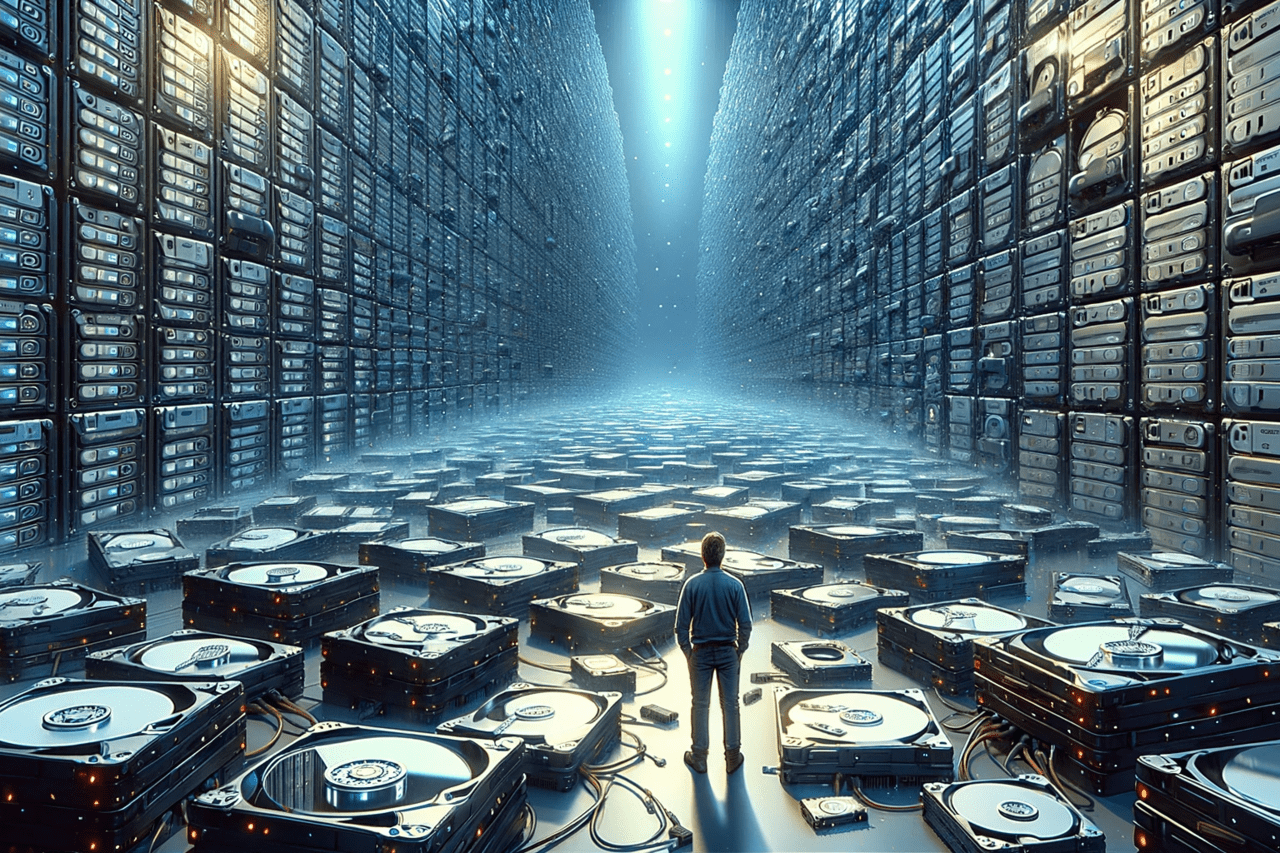 A man stands in the center of a vast hall filled with what appears to be hard drives. Some of the hard drives are huge, as large as computer racks.